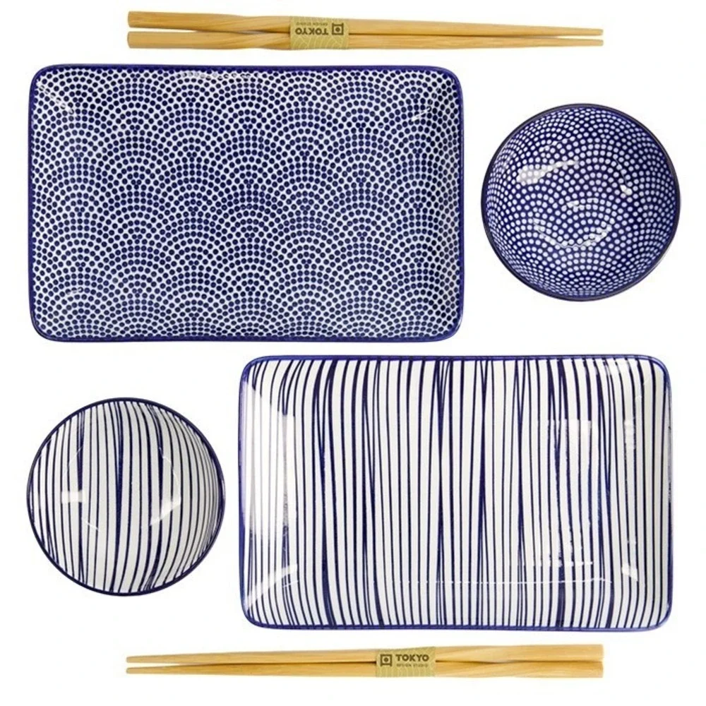 Tokyo Design Studio Sushi Set for 2 Nippon Blue Porcelain Handmade 6 Pcs Giftbox